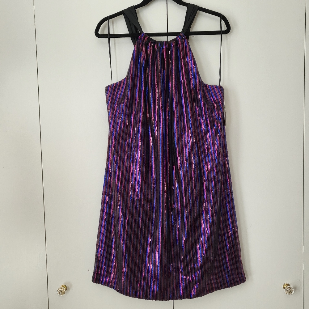 Trina Turk Sequin Halter Tie Neck Shift Dress Pink Blue Party XL